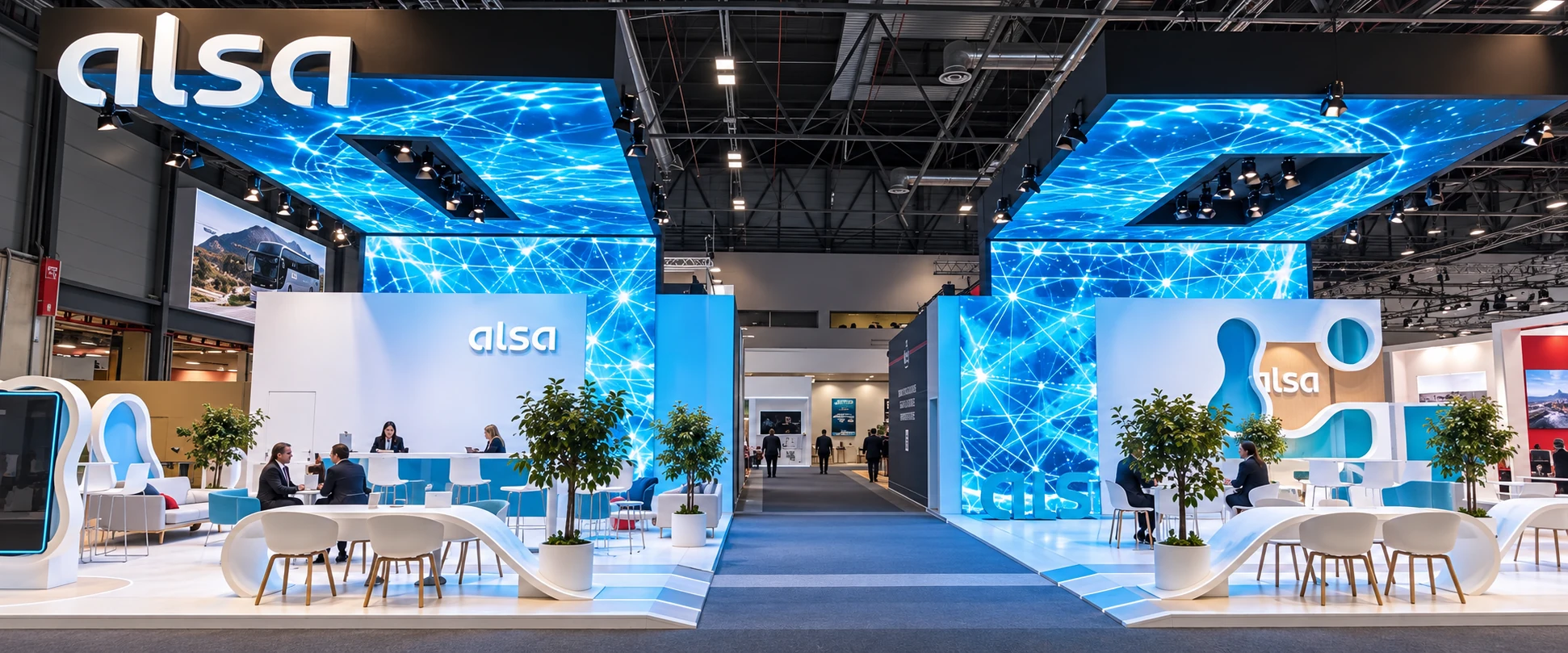 Editorial recreation of the ALSA stand at FITUR: two white islands visually connected by their blue LED walls and ceilings