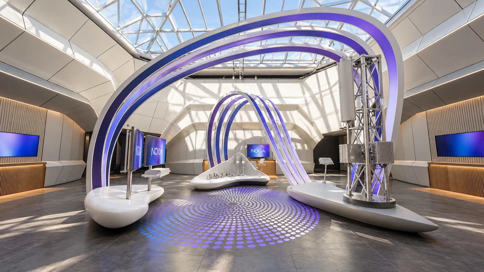 Editorial recreation of the Nokia showroom in Espoo: white and violet arches, natural light and telecommunications displays