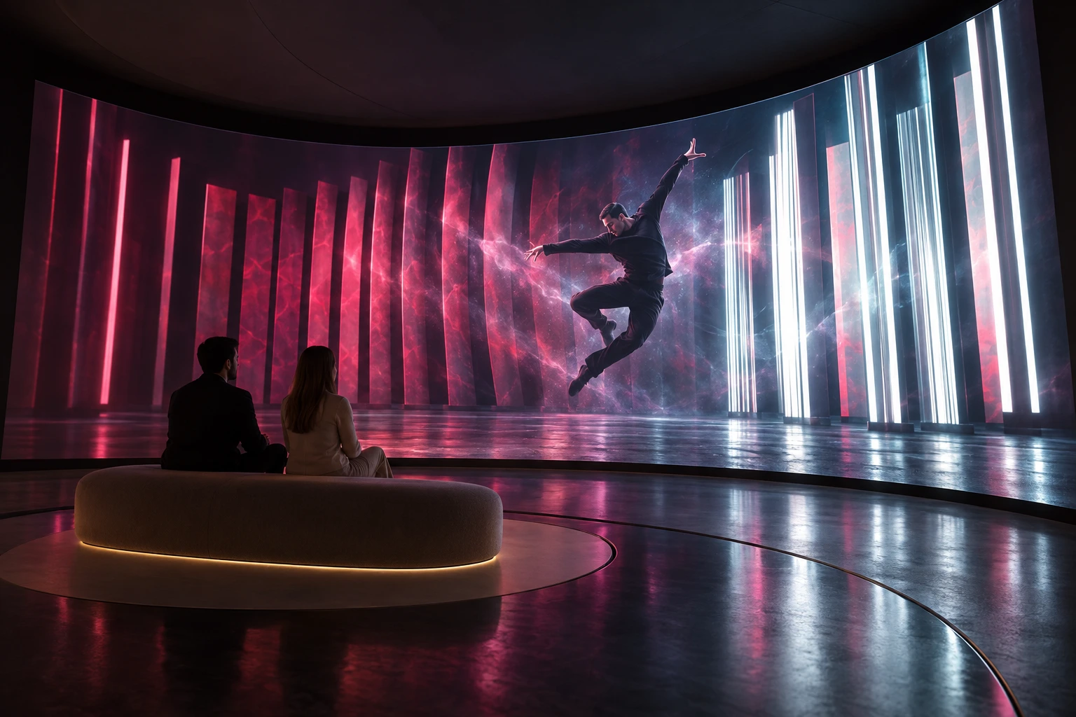 Editorial recreation of Orona's audiovisual experience, with two visitors facing a large curved screen